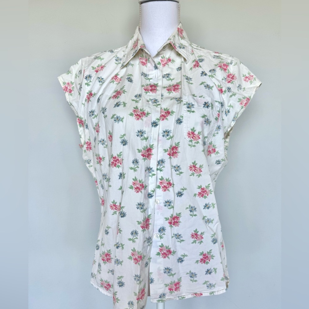 Vintage Floral Button-Up Blouse - Cream and Pink | 100% cotton | Large | EUC